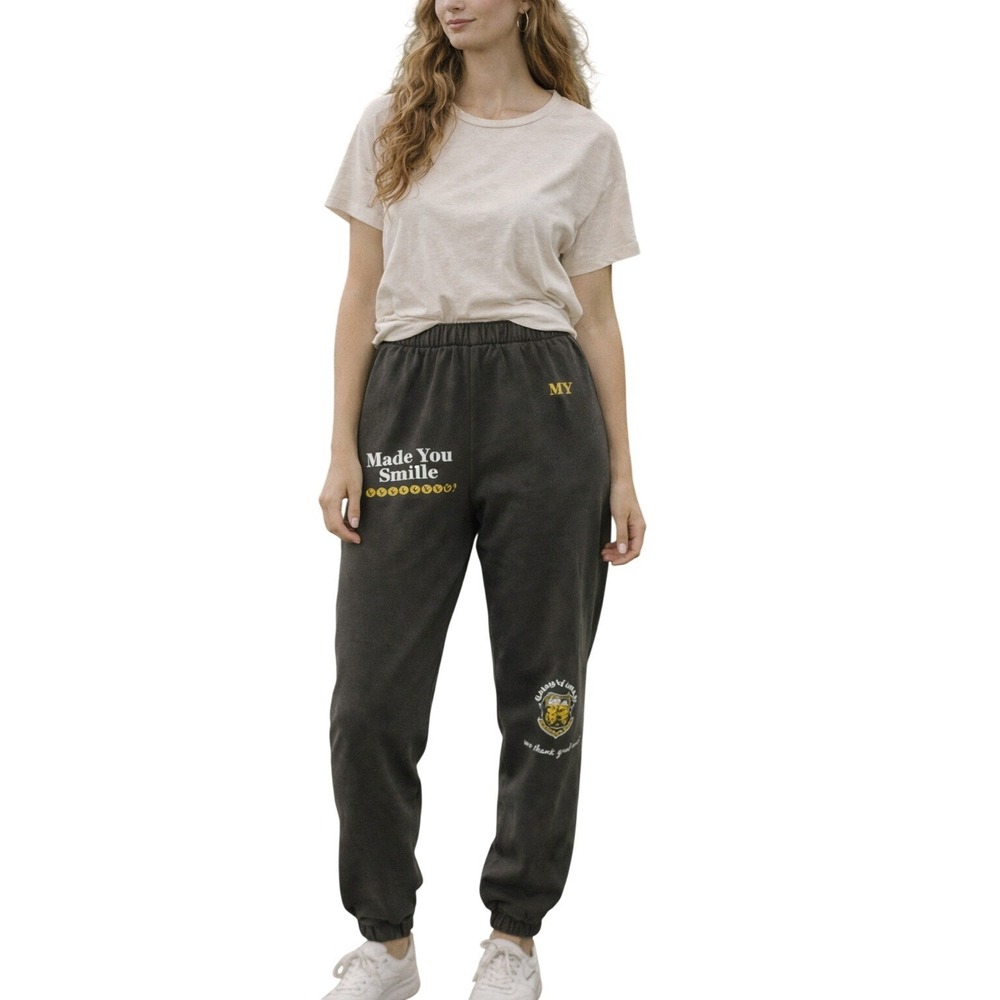 Mayfair Group "Made You Smile" Oversized Brown Fleece‎ Sweatpants XS Good Vibes